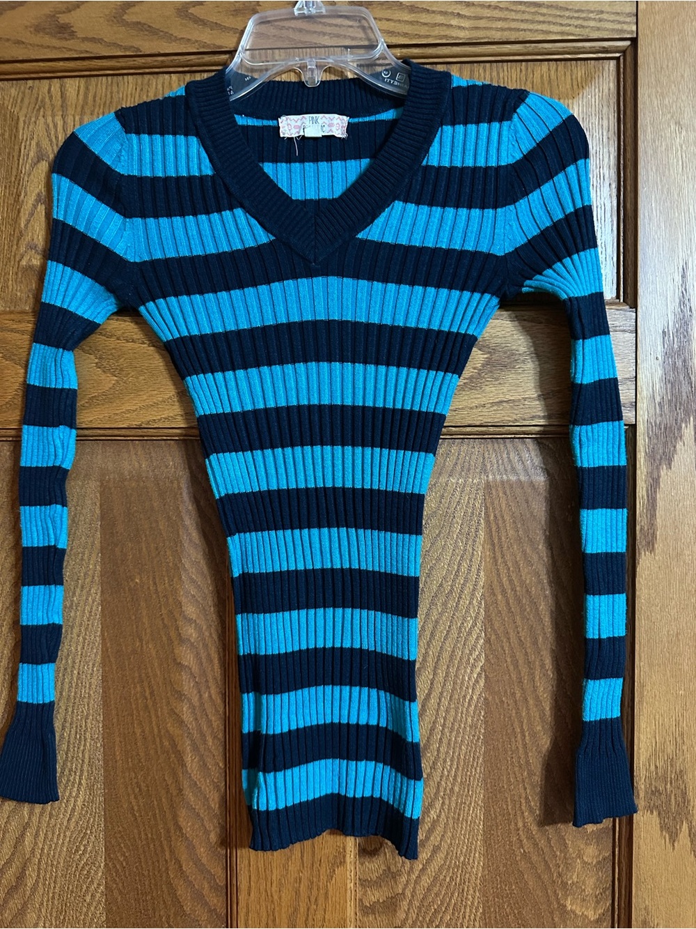 Pink Republic Ribbed V-Neck Sweater - Blue and Navy Stripes